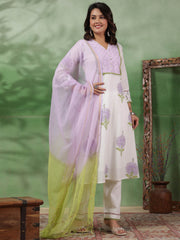 Digital Floral Printed Cotton Kurta With Pants & Dupatta