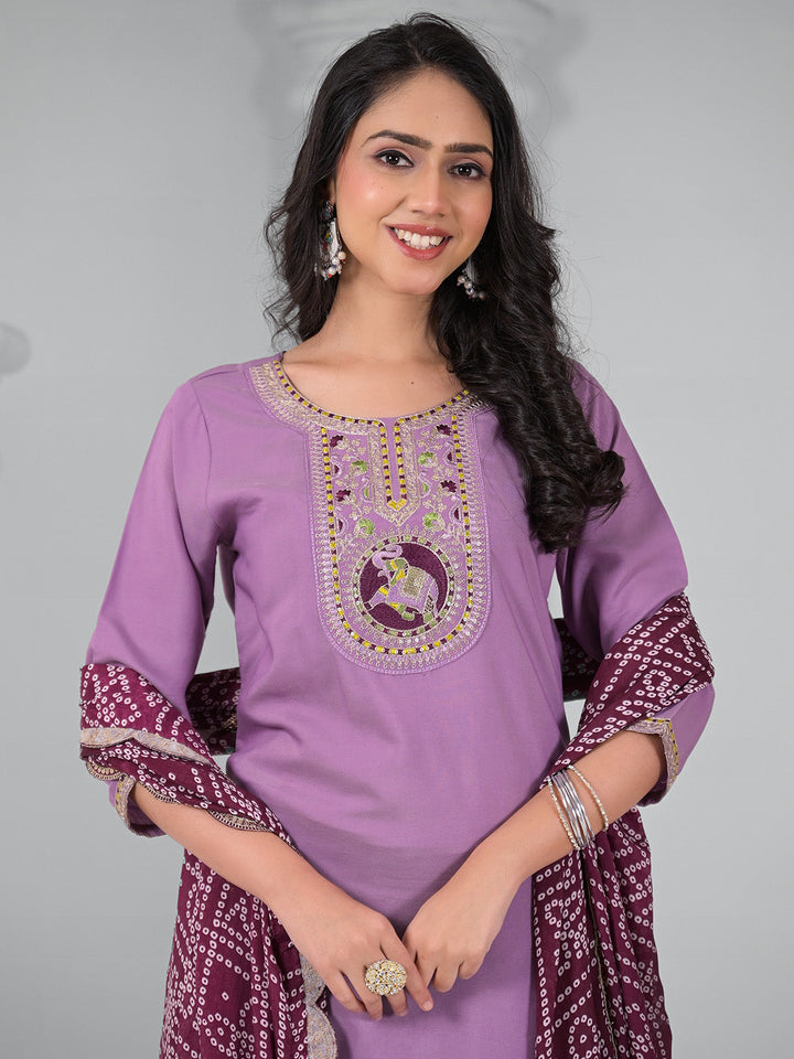 Embroidered Cotton Blend Kurta With Pants &amp; Dupatta