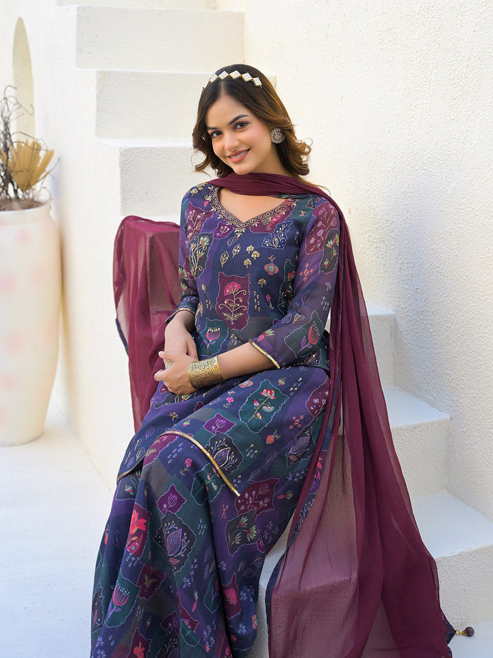 Digital Printed Organza Kurta With Palazzo &amp; Dupatta