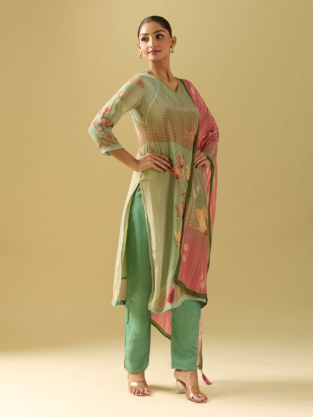 Neck Embroidery Crepe Kurta With Pants &amp; Dupatta