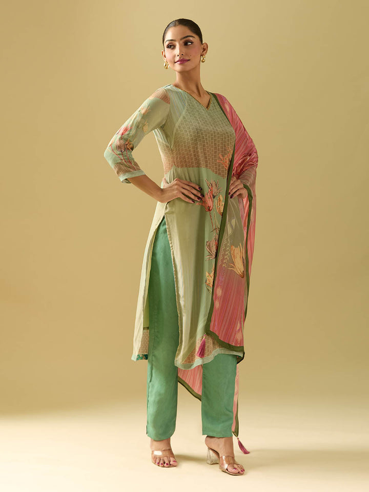 Neck Embroidery Crepe Kurta With Pants &amp; Dupatta