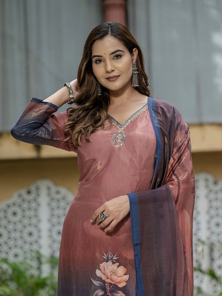 Printed Embroidered Art Silk Kurta With Pants &amp; Dupatta