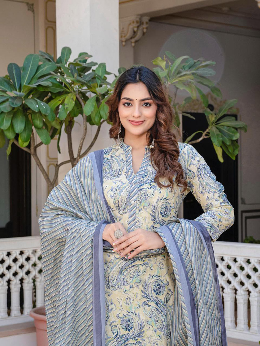 Printed Cotton Blend Kurta With Pants & Dupatta