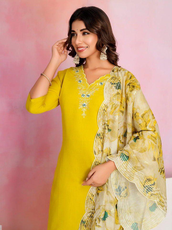 Plain Cotton Blend Kurta With Pants &amp; Dupatta