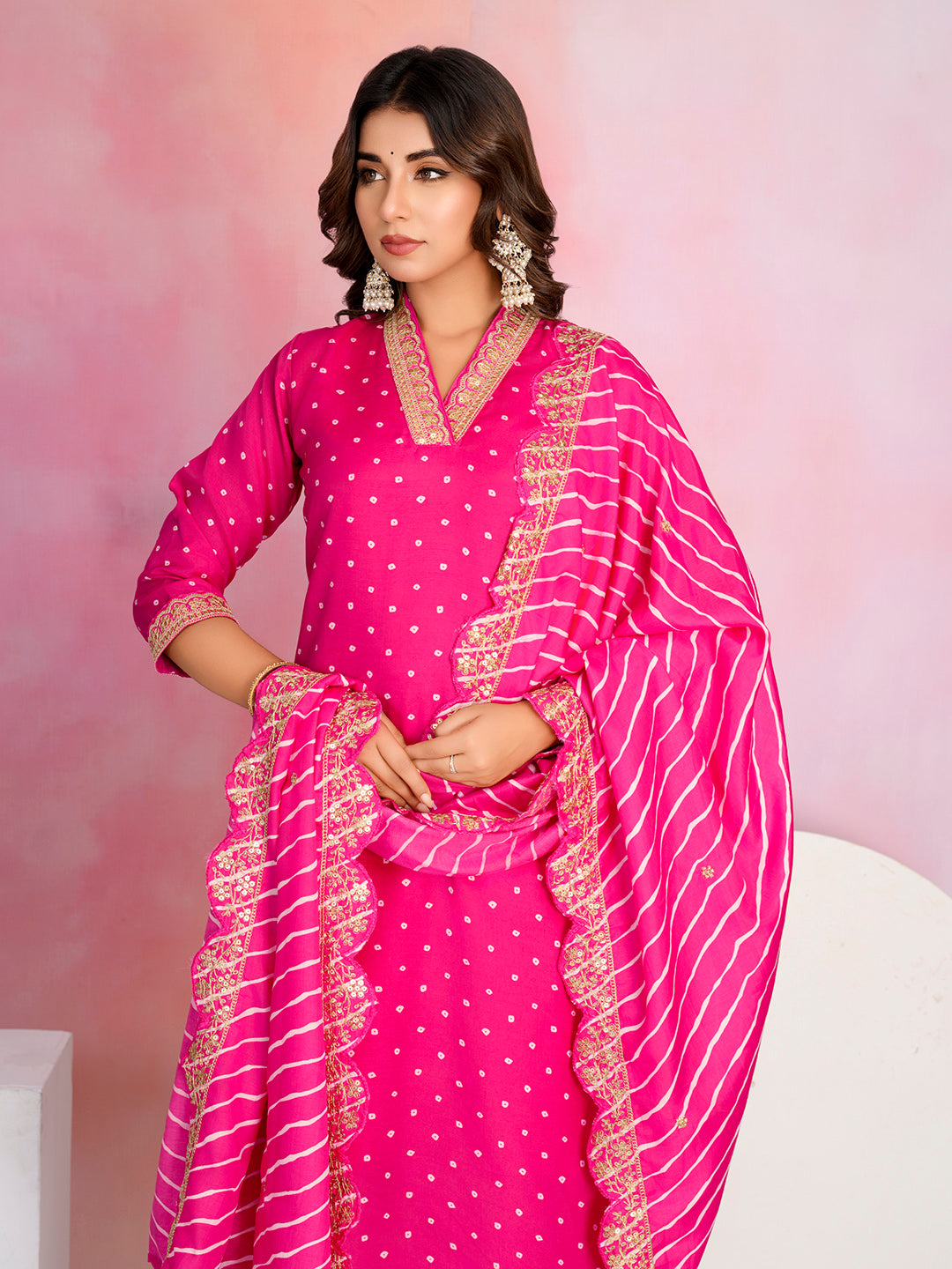 Bandhani Printed Cotton Blend Kurta With Pants &amp; Dupatta