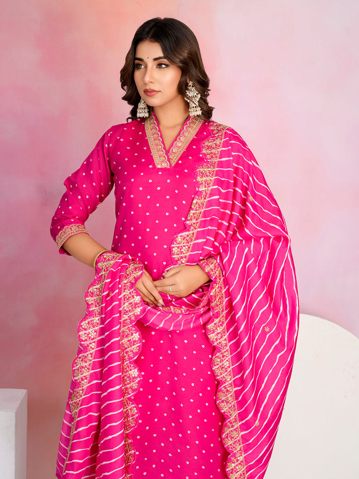 Bandhani Printed Cotton Blend Kurta With Pants &amp; Dupatta