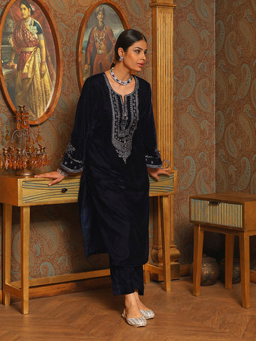 Zari Neck Embroidered Velvet Kurta With Pants