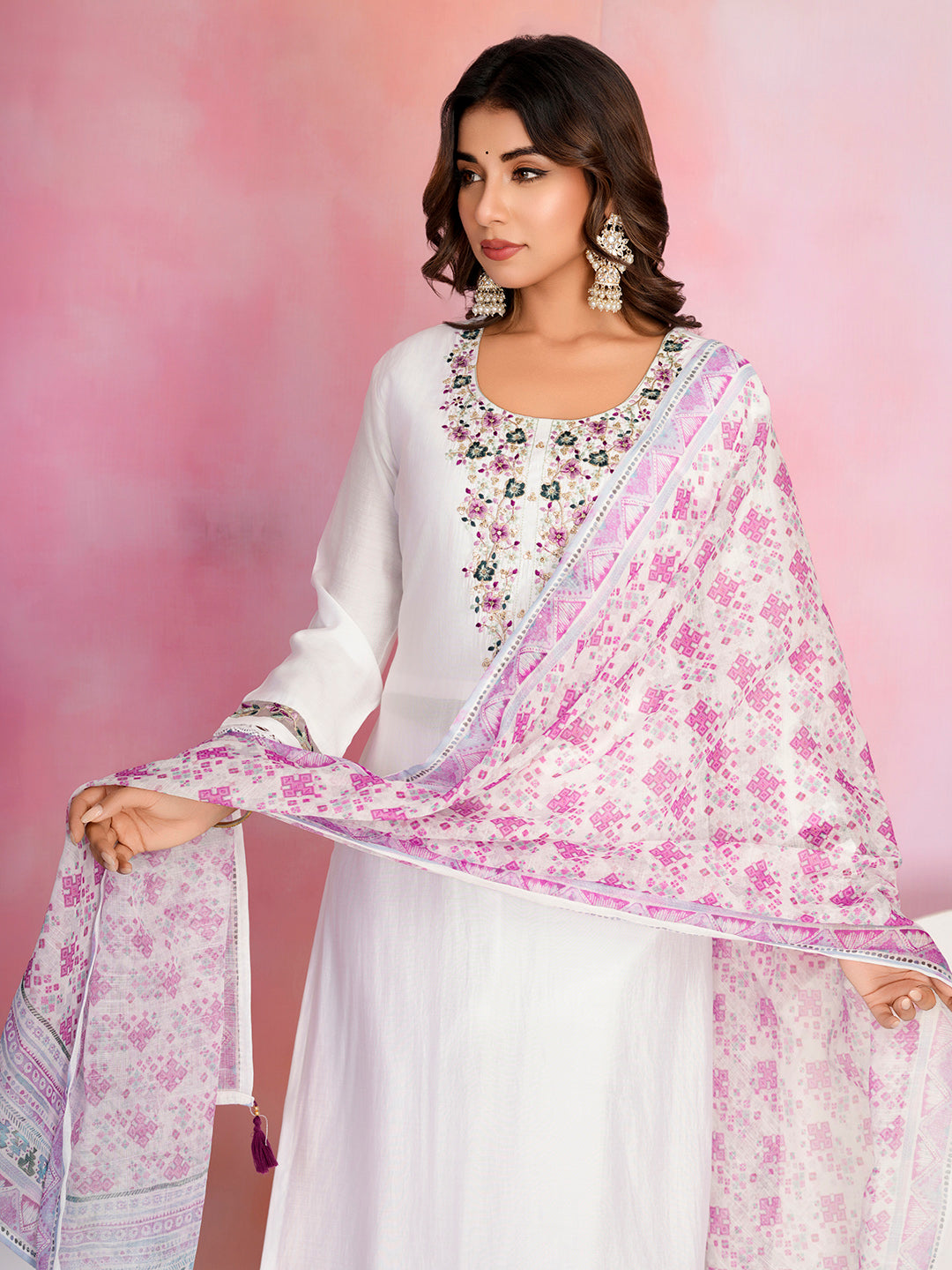 Neck Embroidery Cotton Blend Kurta With Pants &amp; Dupatta
