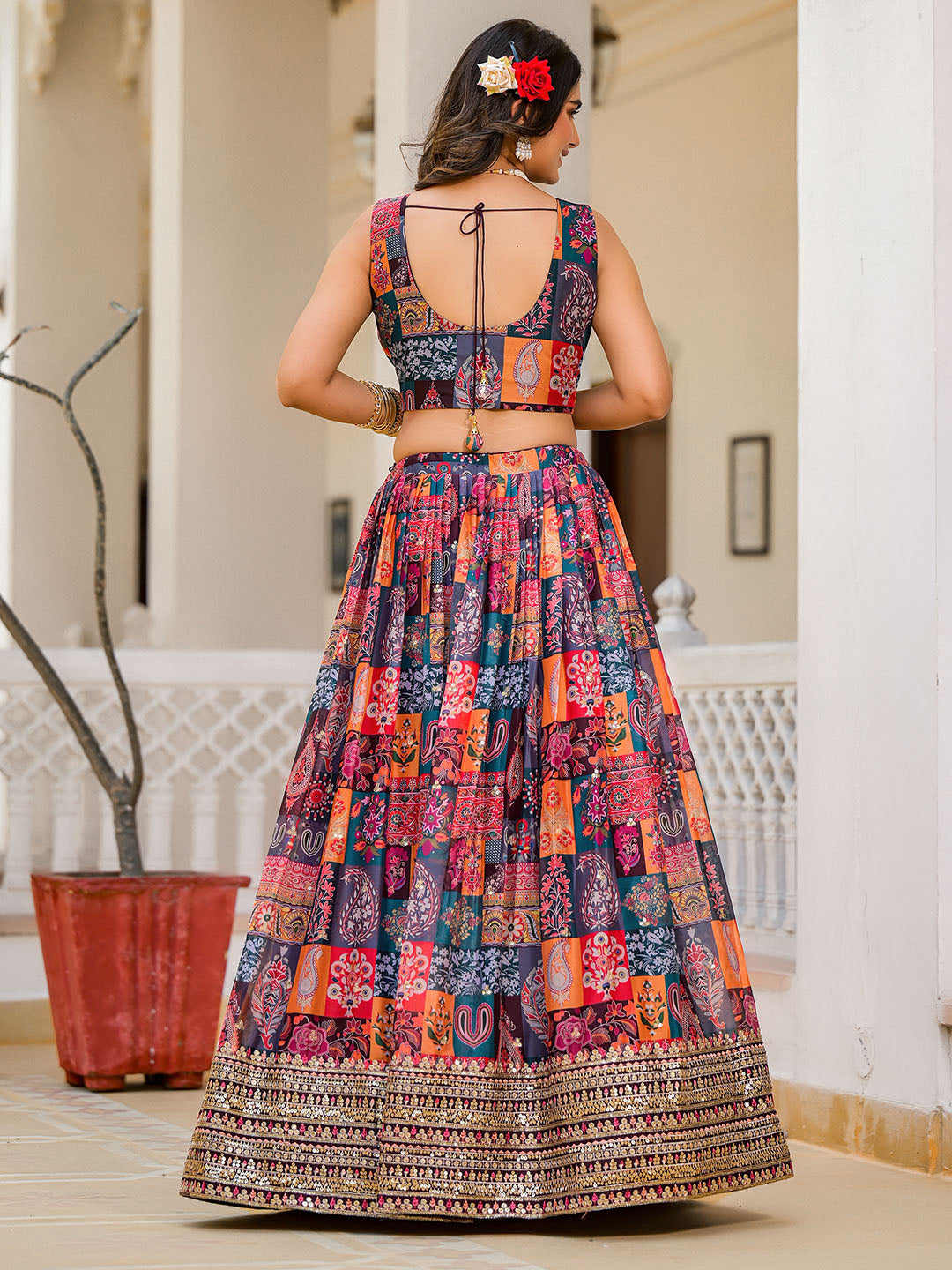 Printed Organza Choli With Lehenga &amp; Dupatta