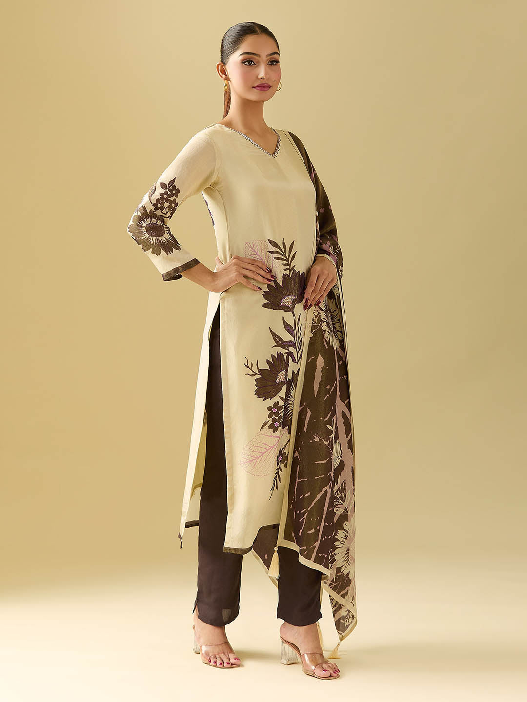Floral Tissue Kurta With Pants &amp; Dupatta