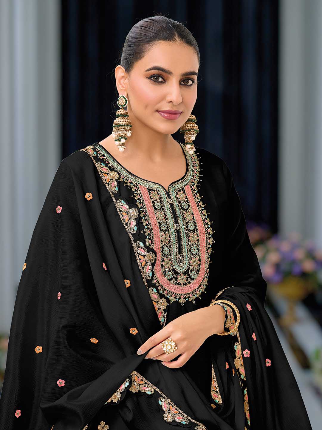 Neck Embroidery Art Silk Kurta With Sharara And Dupatta