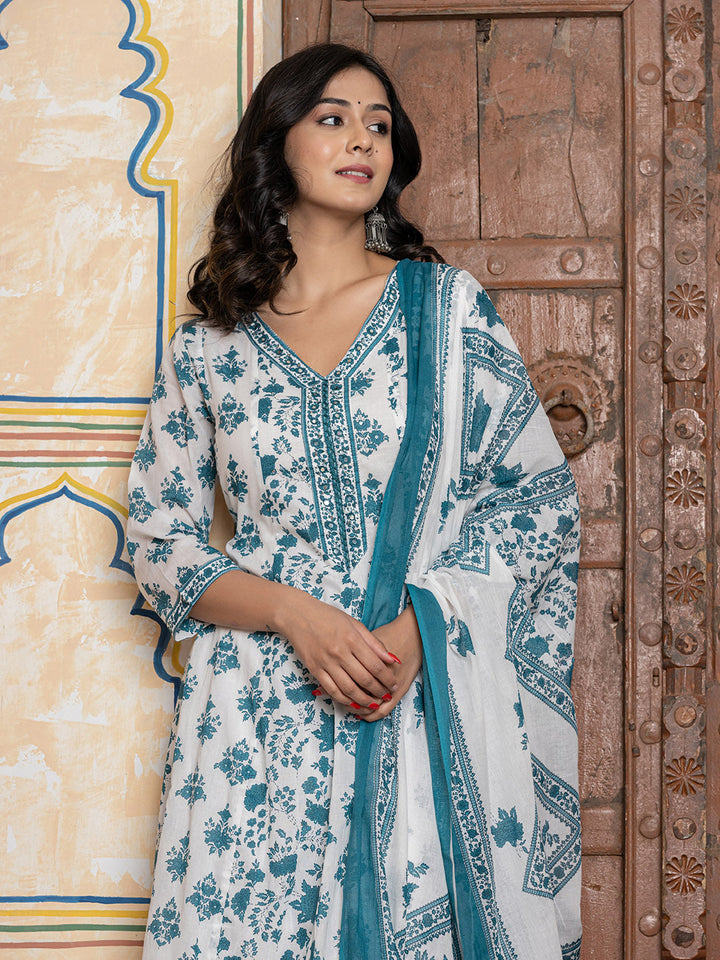 Printed Cotton Blend Kurta With Pants &amp; Dupatta