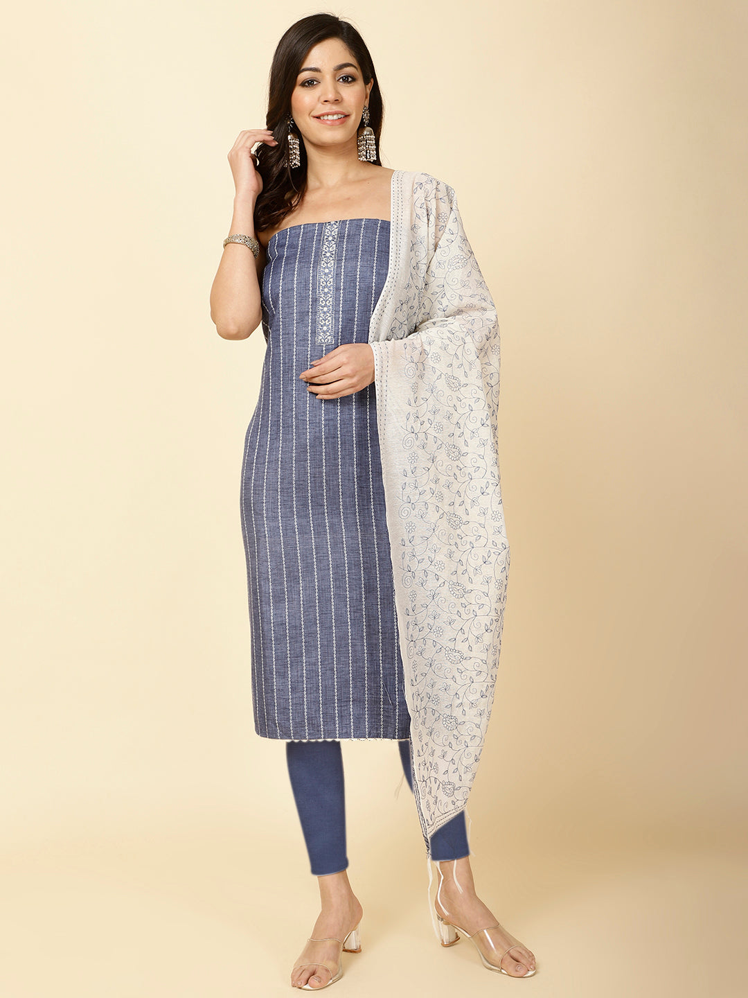Neck Patti Embroidered Cotton Unstitched Suit Piece With Dupatta