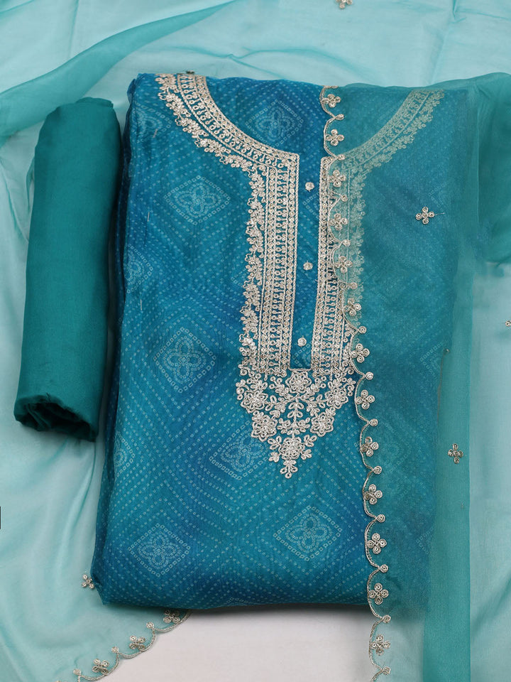 Neck Embroidered &amp; Printed Organza Unstitched Suit With Dupatta