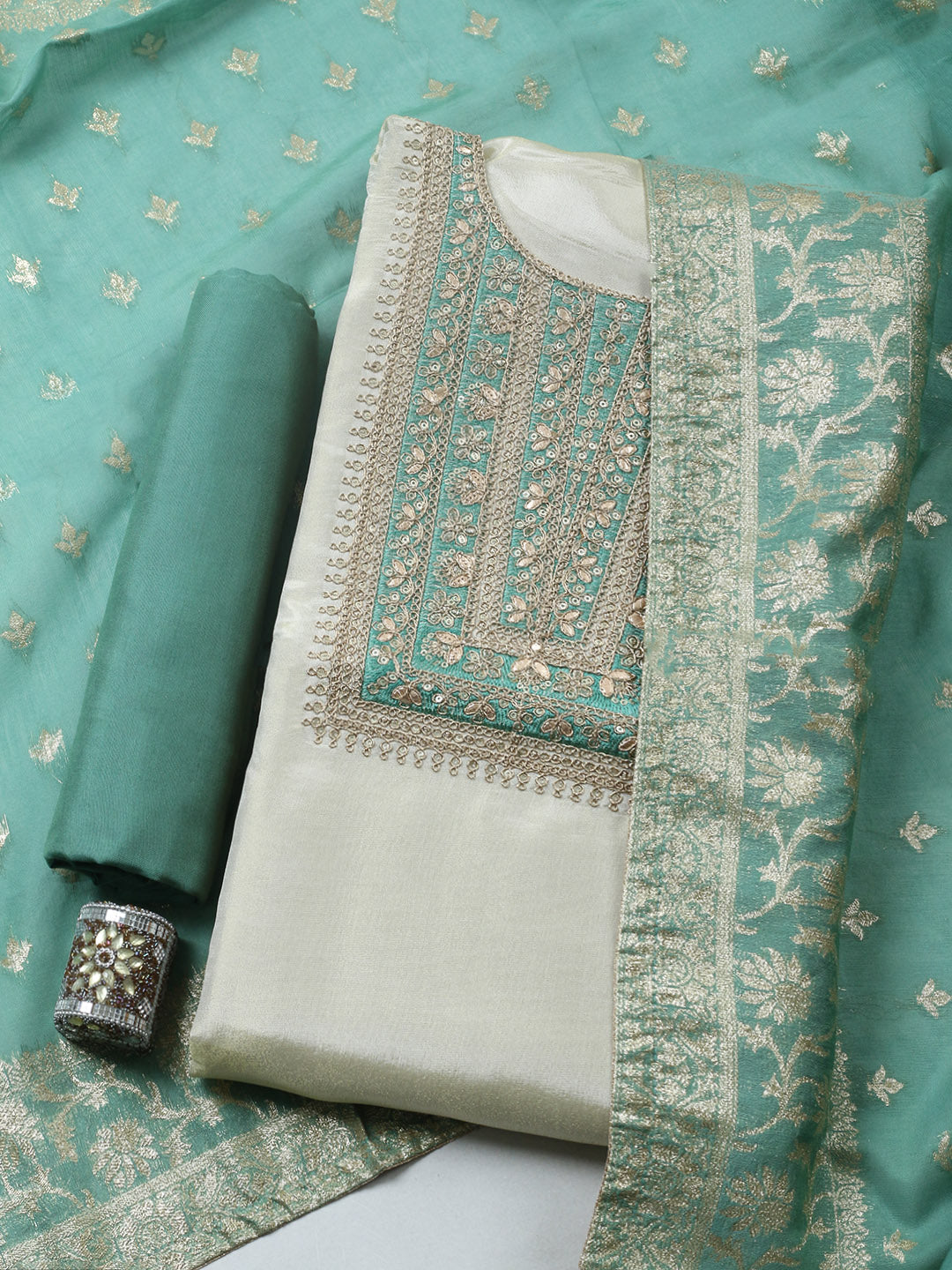 Embroidered Tissue Unstitched Suit With Pant &amp; Dupatta
