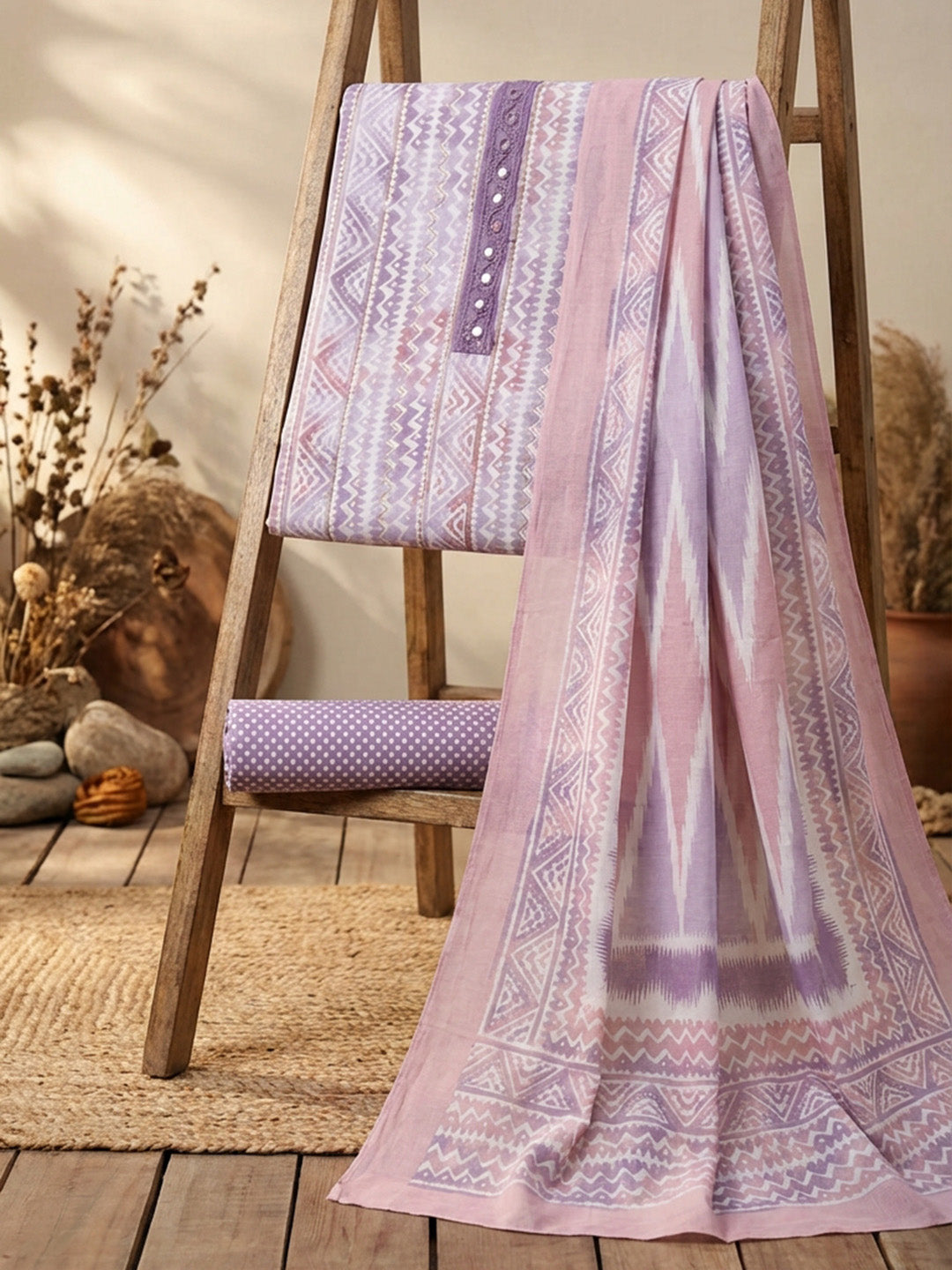 Printed Cotton Blend Unstitched Suit With Pant &amp; Dupatta