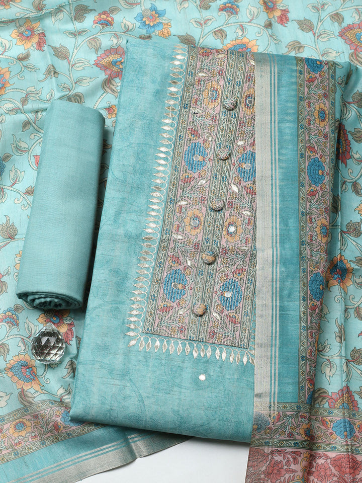 Embroidered Chanderi Unstitched Suit With Pant &amp; Dupatta