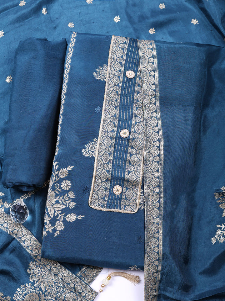 Embroidered Chanderi Unstitched Suit With Pant &amp; Dupatta