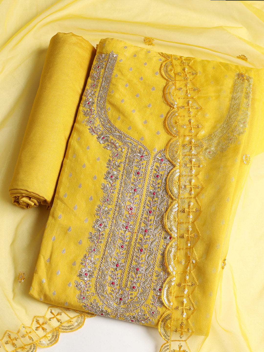 Neck Embroidered Chanderi Unstitched Suit With Dupatta
