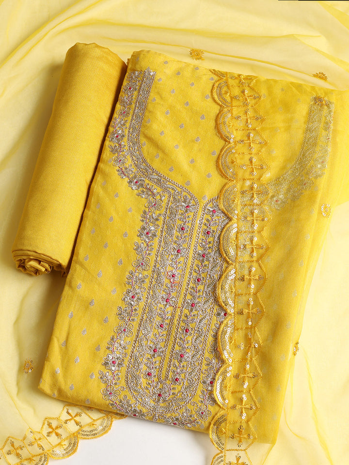 Neck Embroidered Chanderi Unstitched Suit With Dupatta