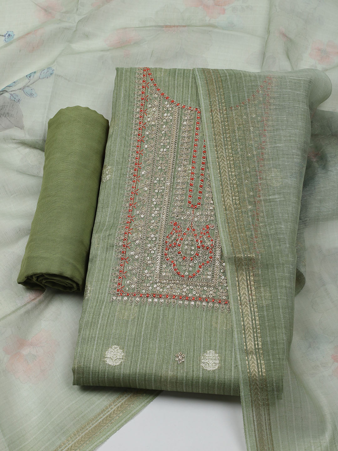 Embroidered Chanderi Unstitched Kurta With Pant & Dupatta