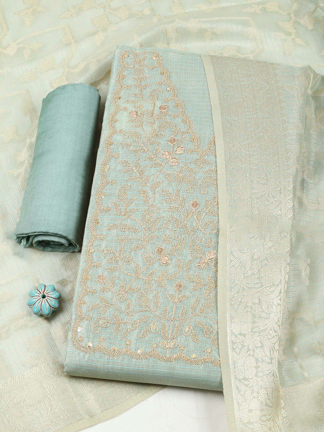 Embroidered Tissue Unstitched Suit With Pant &amp; Dupatta