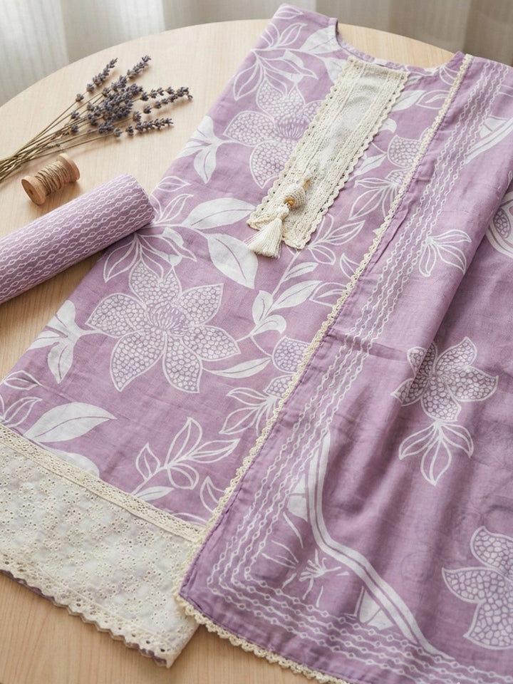 Printed Cotton Blend Unstitched Suit With Pant &amp; Dupatta