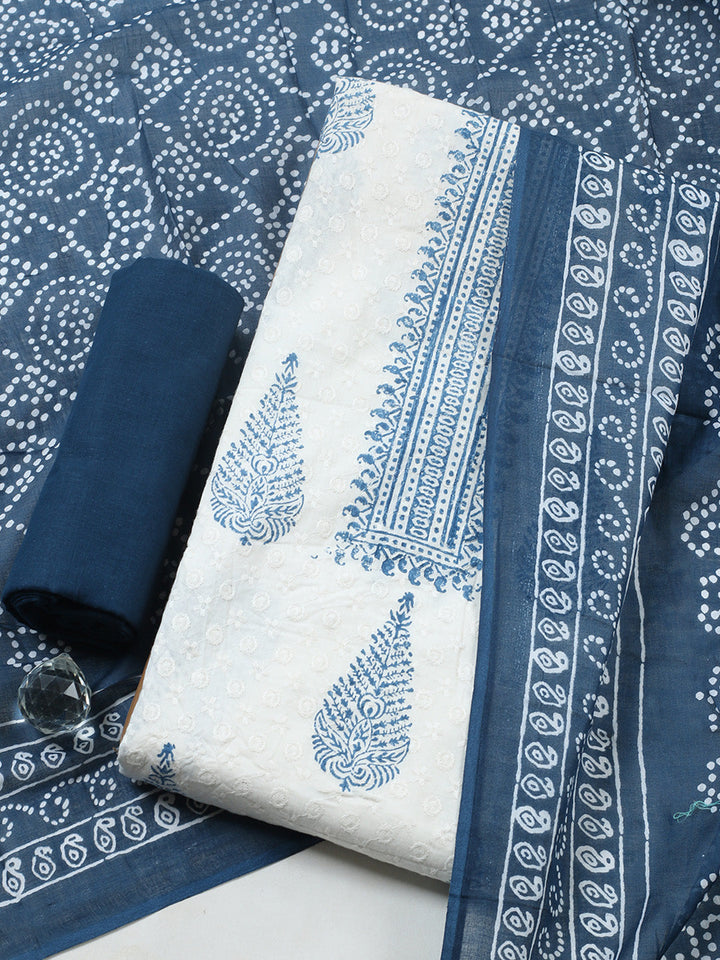 Embroidered Cotton Blend Unstitched Suit With Pant &amp; Dupatta