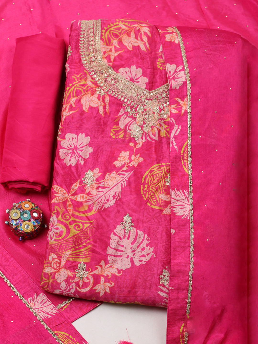 Embroidered Chinon Unstitched Suit With Pant &amp; Dupatta