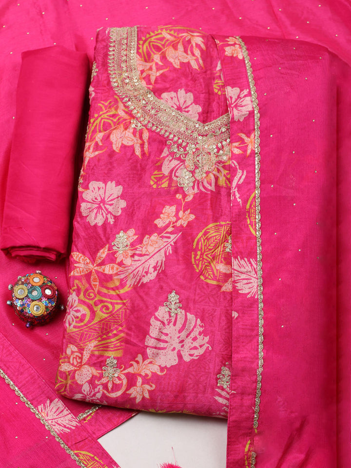 Embroidered Chinon Unstitched Suit With Pant &amp; Dupatta