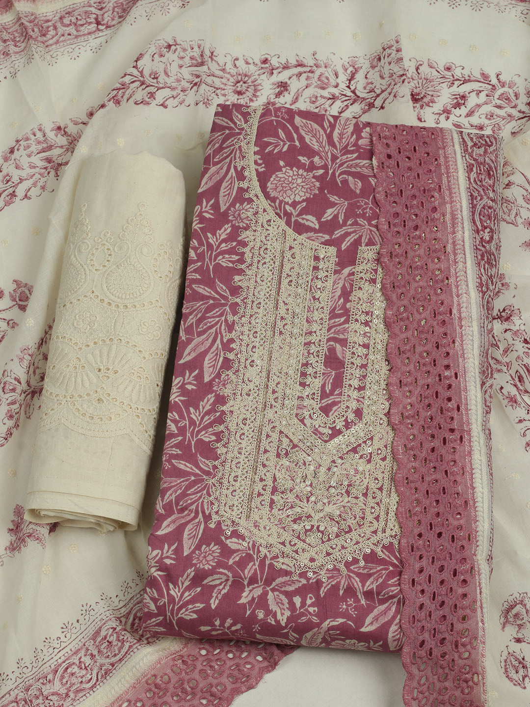 Printed Cotton Unstitched Suits Printed Suit With Pant &amp; Dupatta