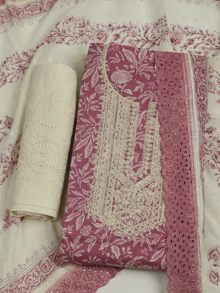 Printed Cotton Unstitched Suits Printed Suit With Pant &amp; Dupatta