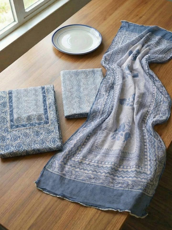 Embroidered Cotton Blend Unstitched Suit With Pant &amp; Dupatta