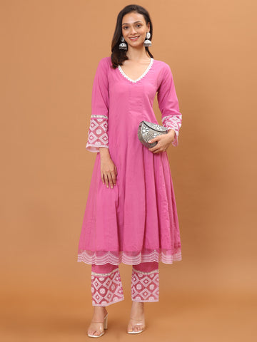 Plain Cotton Anarkali Kurta With Pants