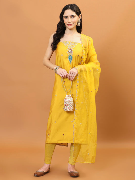 Neck Embroidered Chanderi Unstitched Suit Piece With Dupatta