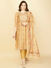 Floral Printed Chanderi Kurta With Pants & Dupatta