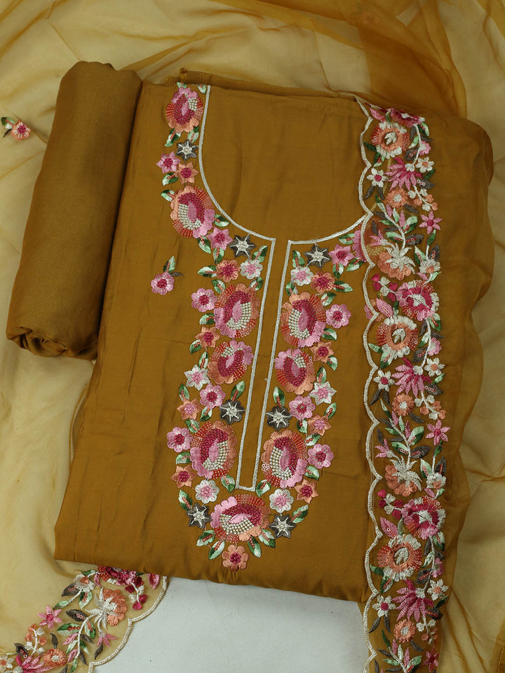 Embroidered Chanderi Unstitched Suit With Pant &amp; Dupatta