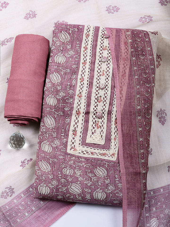 Embroidered Linen Blend Unstitched Suit With Pant &amp; Dupatta