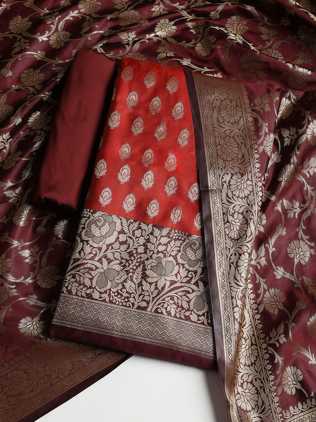 Woven Banarasi Chanderi Unstitched Suit With Dupatta
