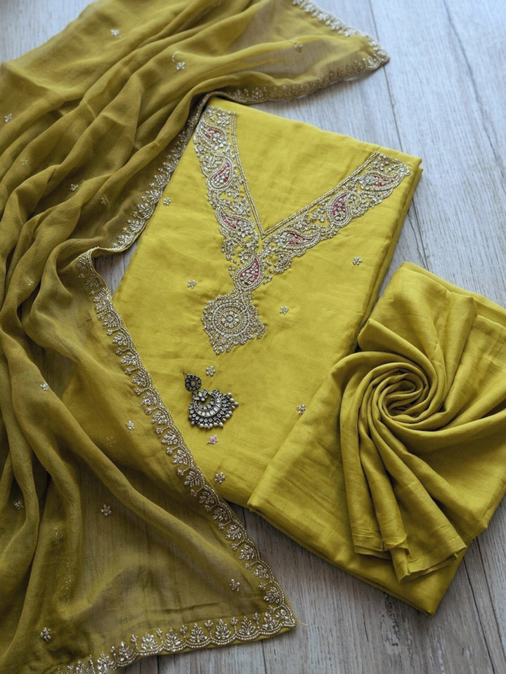 Embroidered Cotton Blend Unstitched Suit With Pant &amp; Dupatta