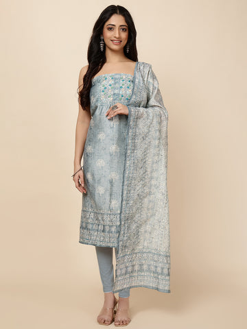 Kantha Embroidered Chanderi Unstitched Suit With Dupatta