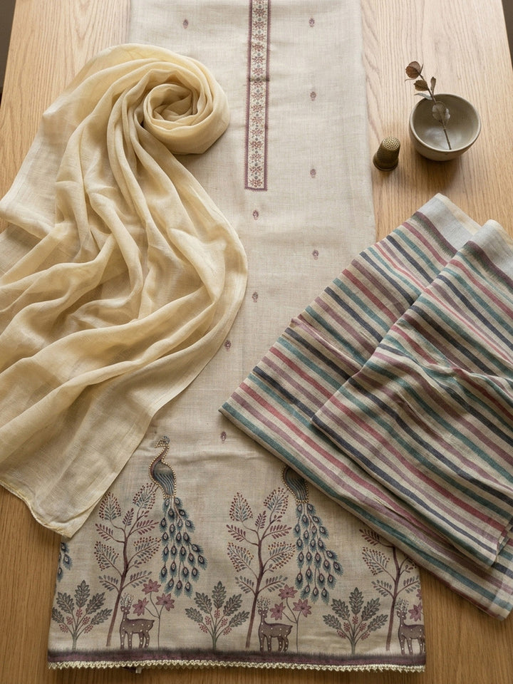 Printed Cotton Blend Unstitched Suit With Pant &amp; Dupatta