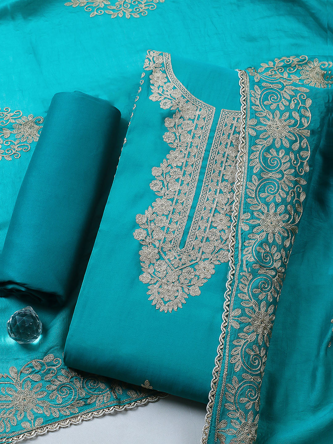 Embroidered Chanderi Unstitched Suit With Pant &amp; Dupatta