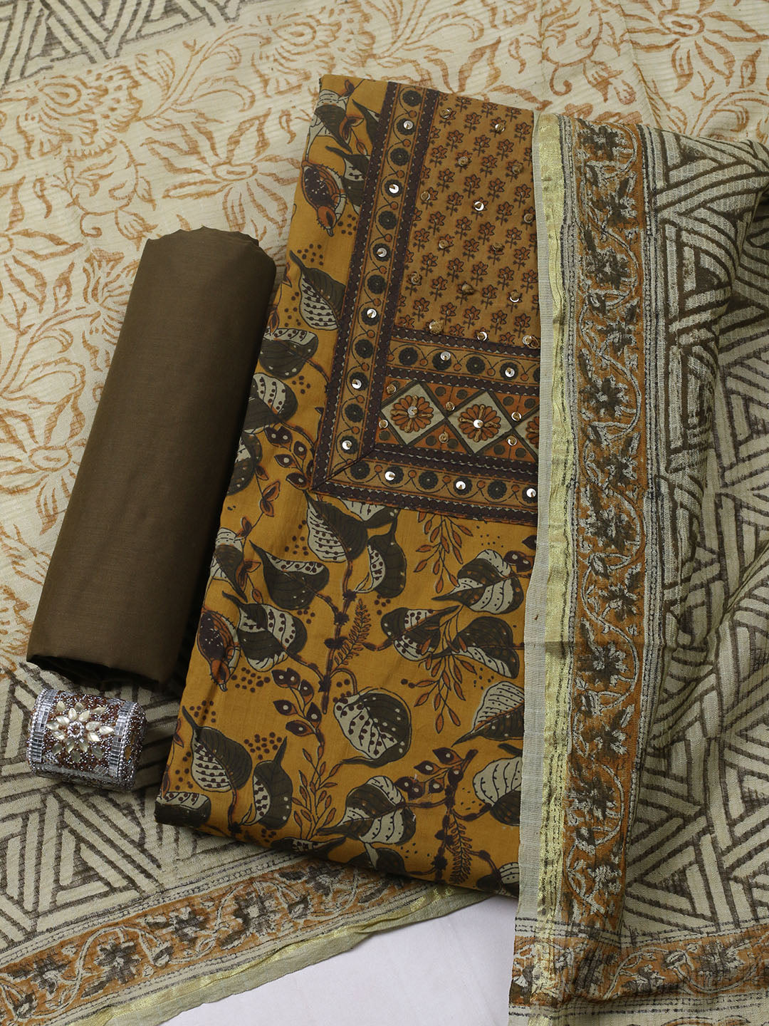 Printed Cotton Blend Unstitched Suit With Pant &amp; Dupatta