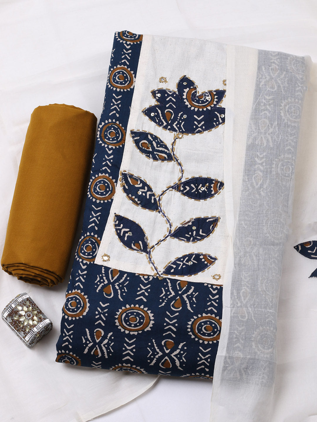 Printed Cotton Blend Unstitched Suit With Pant &amp; Dupatta