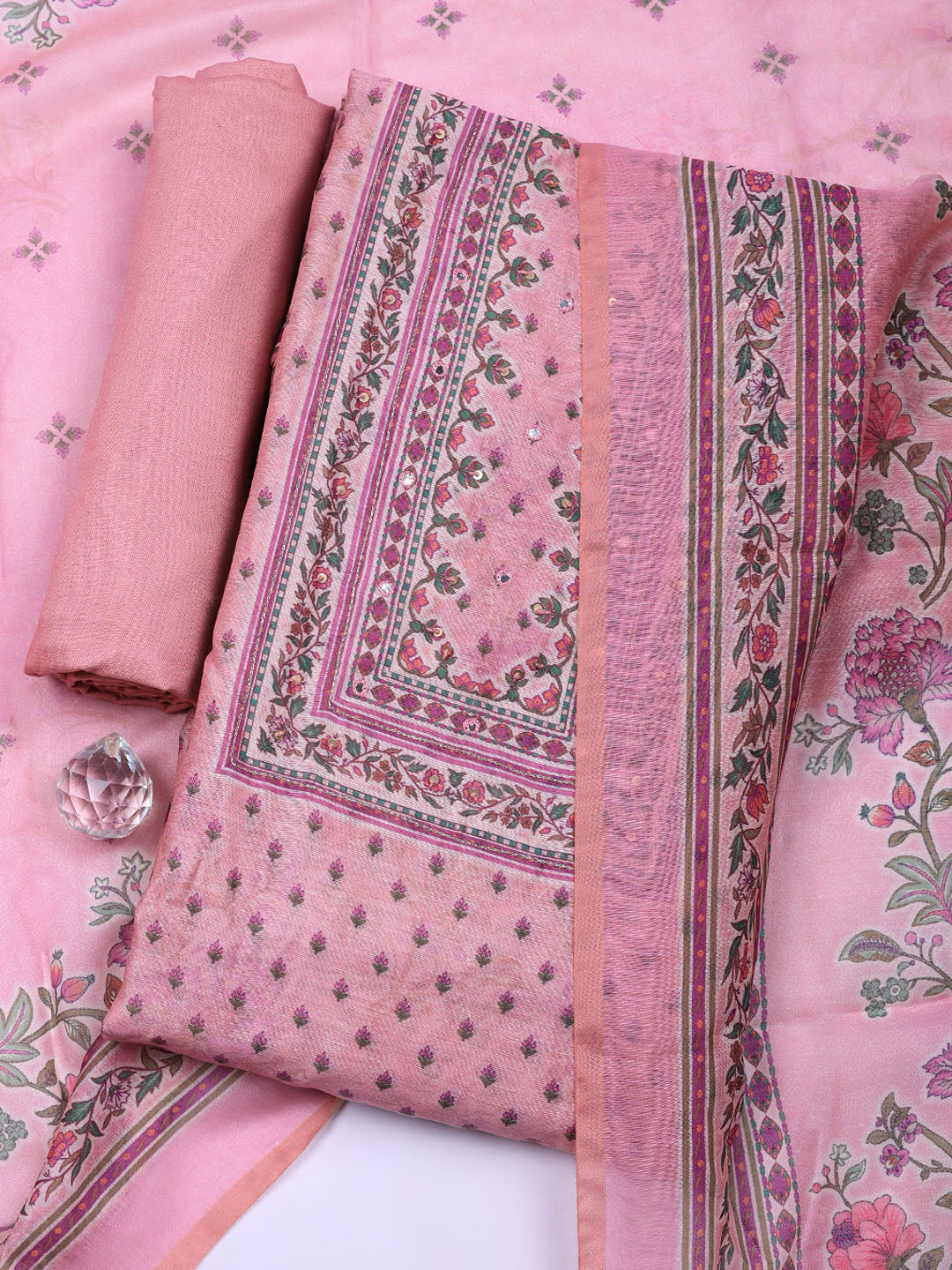 Embellished Chanderi Unstitched Suit With Pant &amp; Dupatta