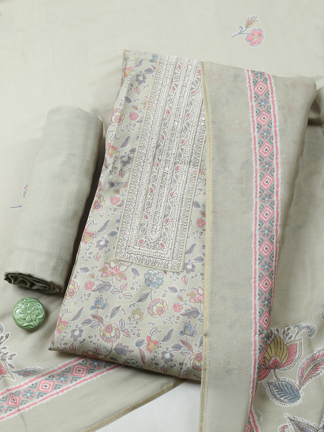 Embroidered Muslin Unstitched Suit With Pant &amp; Dupatta
