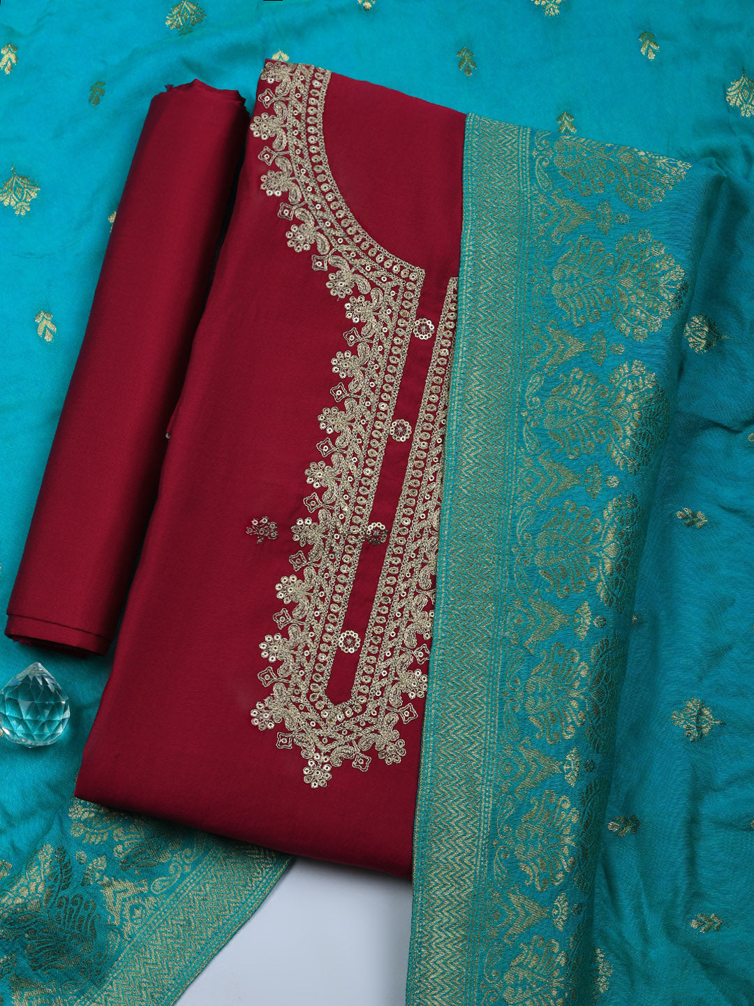 Printed Art Silk Unstitched Suit With Pant &amp; Dupatta