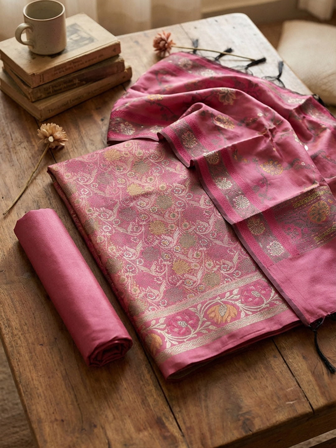 Woven Design Chanderi Unstitched Suit With Pant &amp; Dupatta