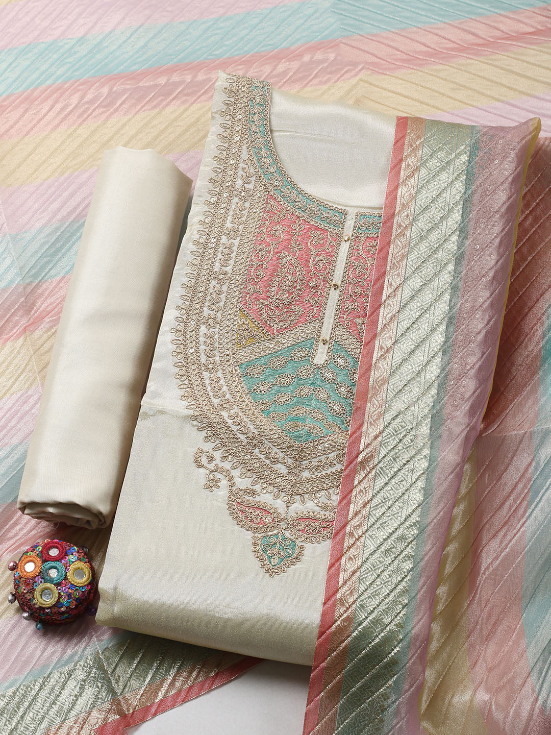 Embroidered Tissue Unstitched Suit With Pant &amp; Dupatta